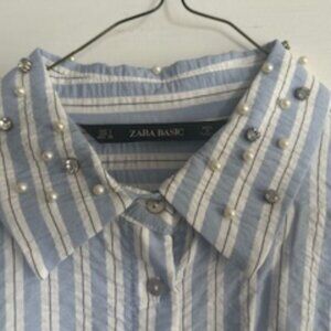 ZARA Basic Striped Oxford with Pearls and Rhinestone Collar, Size L